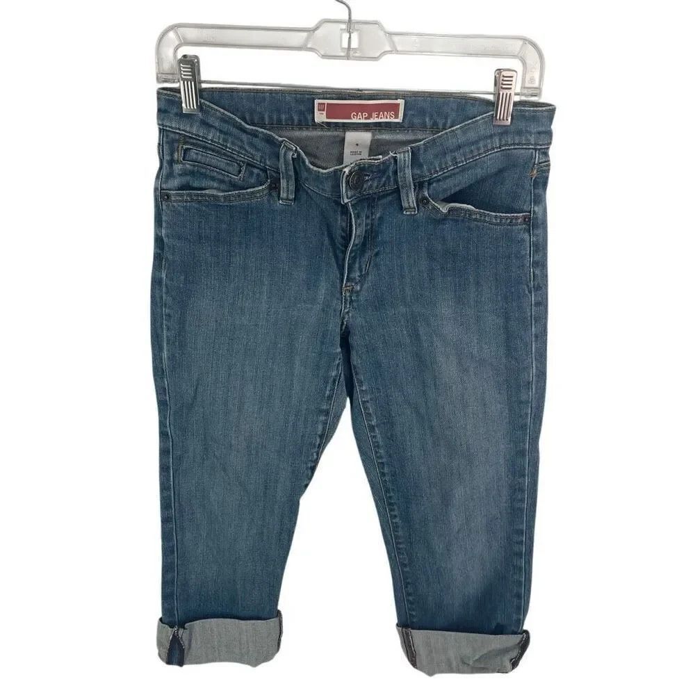 GAP Women's Zip Fly Cuffed Straight Cropped Denim Jeans Blue Size 4